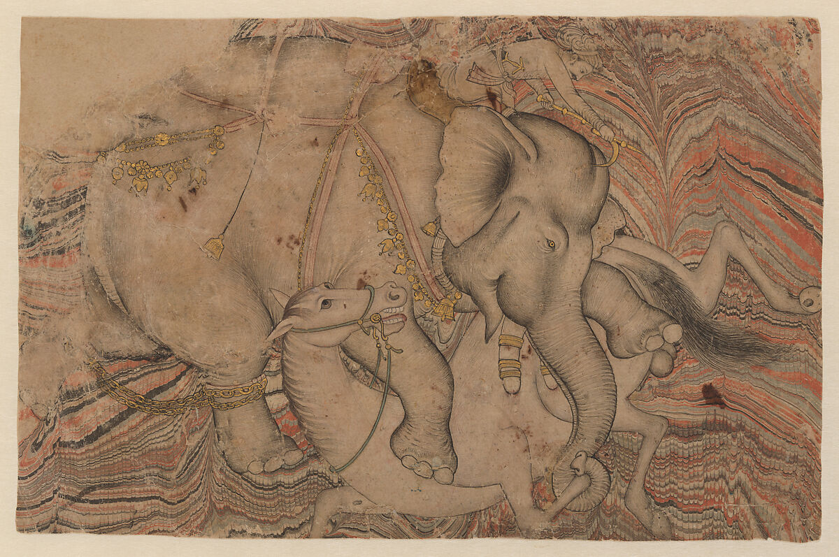 Elephant Trampling a Horse, Gold and opaque watercolor on marbled paper