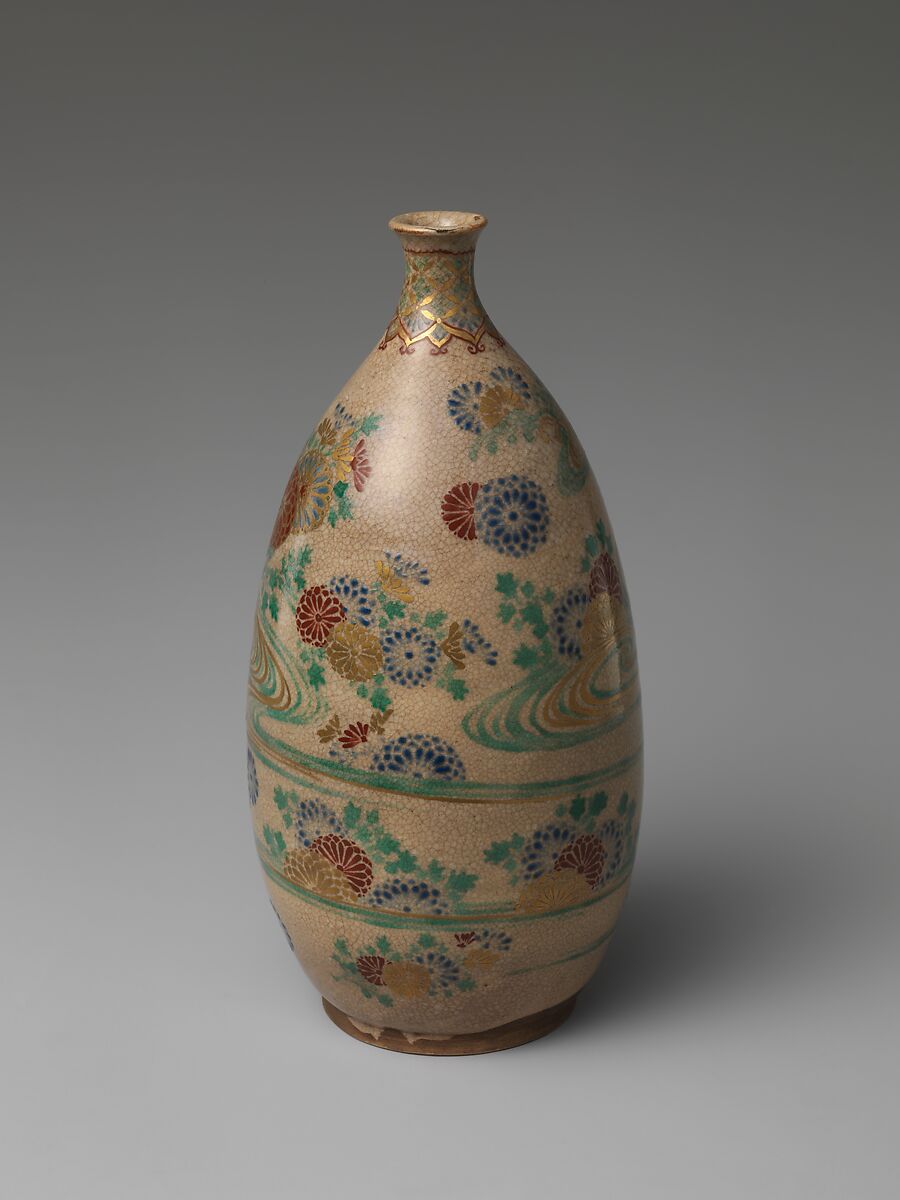 Ninsei-style Sake Bottle with Floral Patterning, Clay with a crackled transparent glaze, colored enamels, and gold (Kyoto ware), Japan
