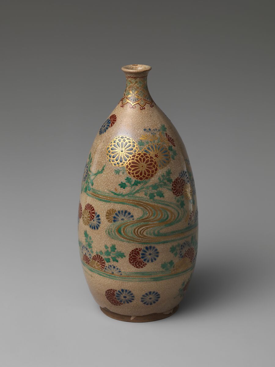 Ninsei-style Sake Bottle with Floral Patterning, Clay with a crackled transparent glaze, colored enamels, and gold (Kyoto ware), Japan 