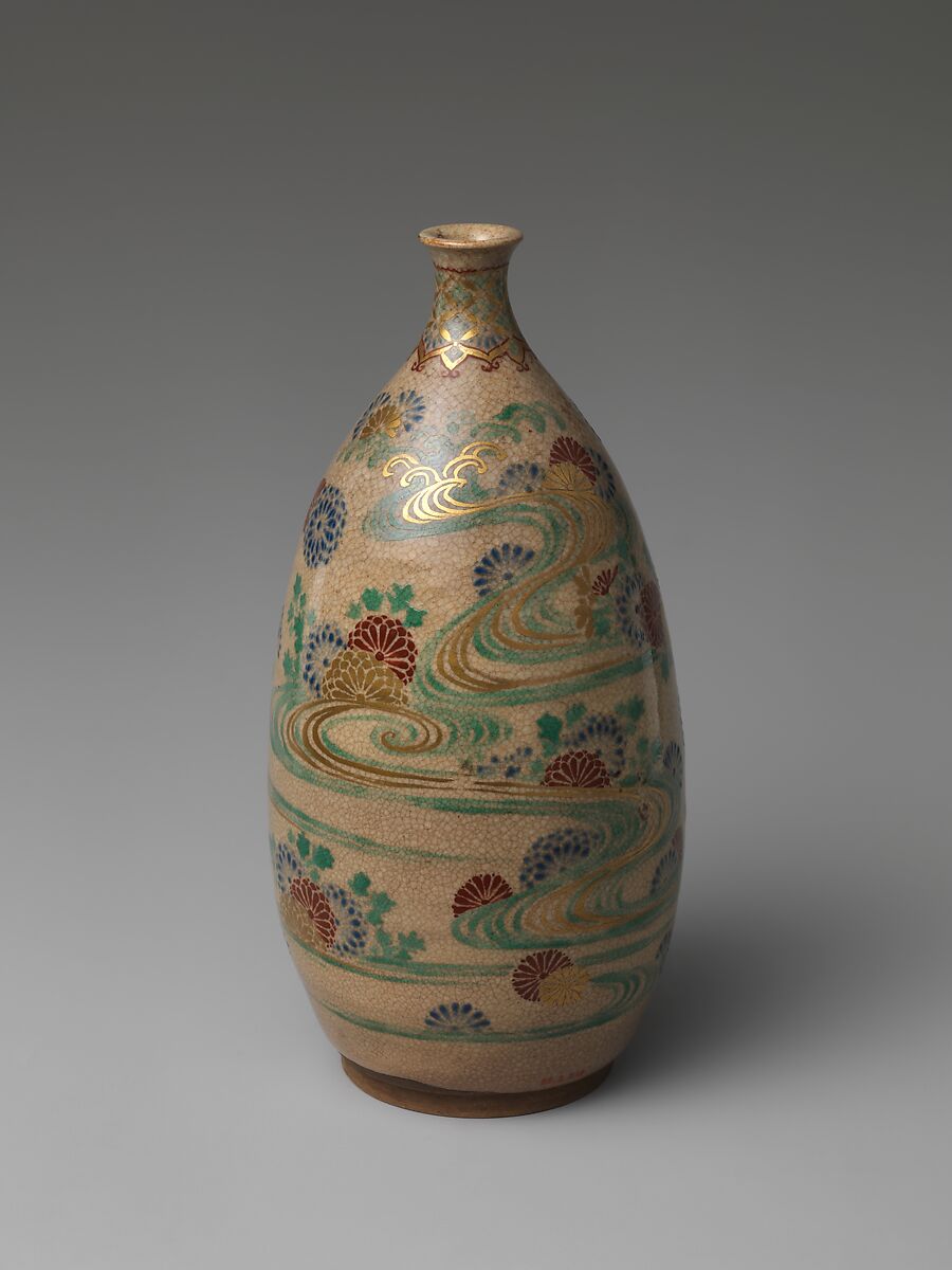 Ninsei-style Sake Bottle with Floral Patterning, Clay with a crackled transparent glaze, colored enamels, and gold (Kyoto ware), Japan