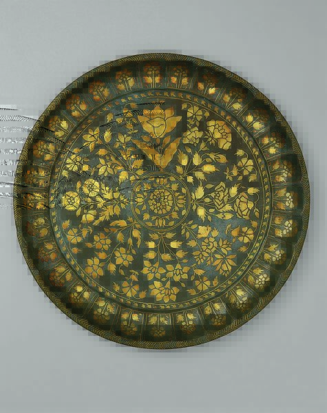 Bidri Tray with Flowering Plants, Zinc alloy inlaid with brass 
