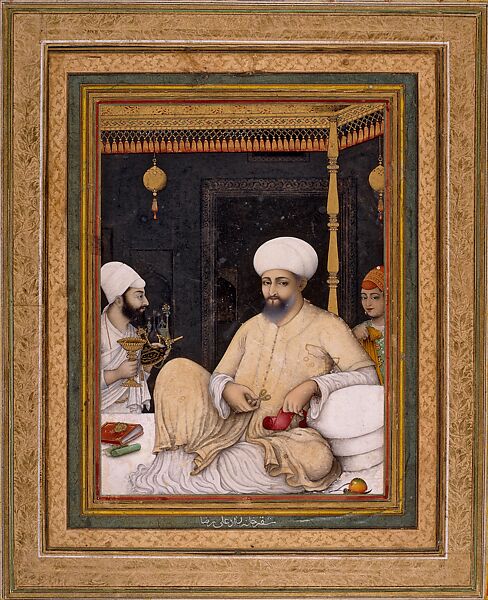 Sultan Ibrahim 'Adil Shah II Venerates a Sufi Saint, &#39;Ali Riza &#39;Abbasi (Indian, active ca. 1600–1650), Ink, opaque watercolor, and gold on paper 