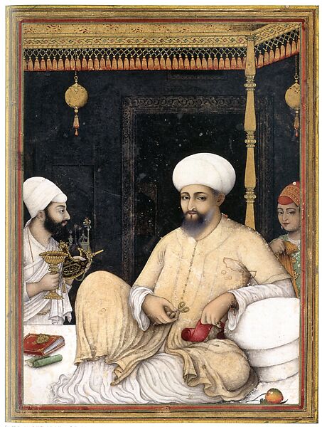 Sultan Ibrahim 'Adil Shah II Venerates a Sufi Saint, 'Ali Riza 'Abbasi (Indian, active ca. 1600–1650), Ink, opaque watercolor, and gold on paper