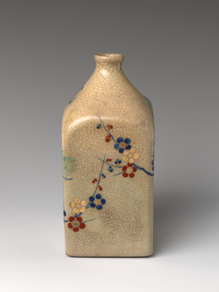 Sake Bottle (Tokkuri) with “Three Friends of Winter” (Pine, Bamboo, and Plum), Stoneware with polychrome overglaze enamels (Kyoto ware, Kiyomizu type), Japan