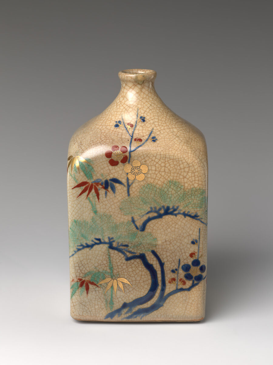 Sake Bottle (Tokkuri) with “Three Friends of Winter” (Pine, Bamboo, and Plum), Stoneware with polychrome overglaze enamels (Kyoto ware, Kiyomizu type), Japan