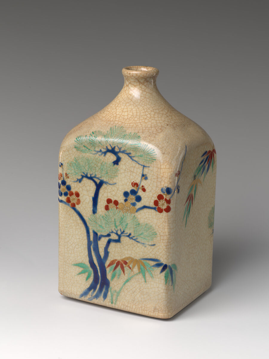 Sake Bottle (Tokkuri) with “Three Friends of Winter” (Pine, Bamboo, and Plum), Stoneware with polychrome overglaze enamels (Kyoto ware, Kiyomizu type), Japan