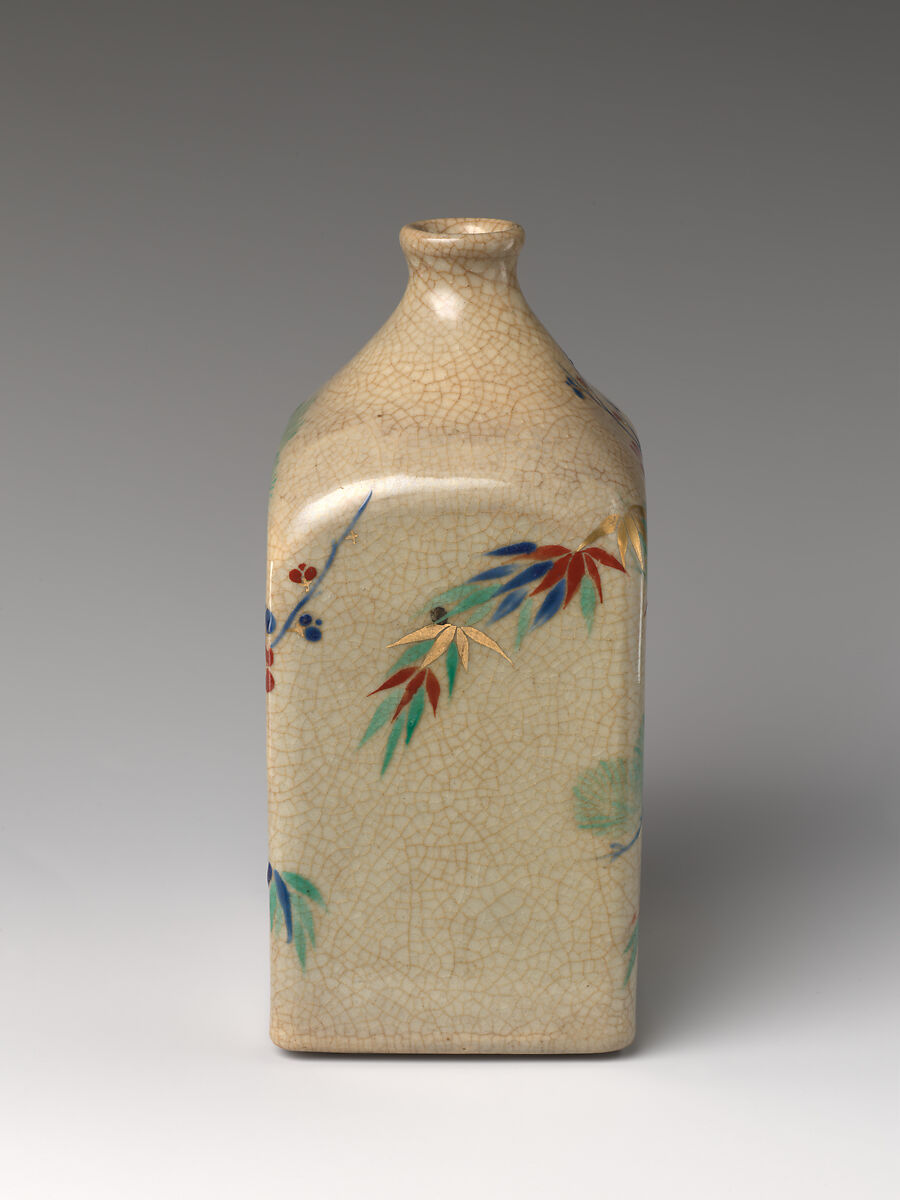 Sake Bottle (Tokkuri) with “Three Friends of Winter” (Pine, Bamboo, and Plum), Stoneware with polychrome overglaze enamels (Kyoto ware, Kiyomizu type), Japan