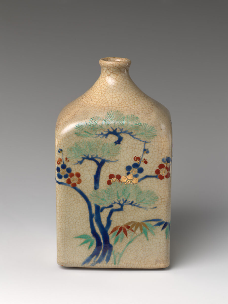 Sake Bottle (Tokkuri) with “Three Friends of Winter” (Pine, Bamboo, and Plum), Stoneware with polychrome overglaze enamels (Kyoto ware, Kiyomizu type), Japan