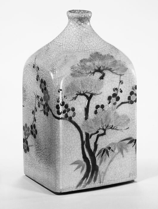 Square Sake Bottle with Design of Three Worthies (Pine, Plum, and Bamboo), Glazed stoneware with polychrome enamels (Kyoto ware), Japan 