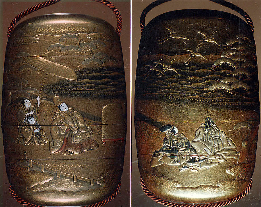 Case (Inrō) with Design of Minamoto no Yoritomo and Courtiers Watching Released Cranes Fly Away at Akanumagahara, Gold and silver maki-e with gold lacquer Ojime: Stone in the shape of a melon, 19th century Bequest of Stephen Whitney Phoenix, 1881 81.1.424.85 Netsuke: Ivory in the shape of a deer, 19th century Gift of Mrs. Russell Sage, 1910 10.211.510 , Japan 