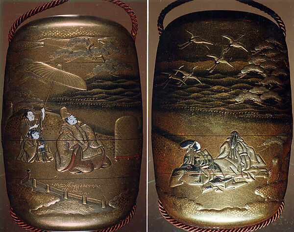 Case (Inrō) with Design of Minamoto no Yoritomo and Courtiers Watching Released Cranes Fly Away at Akanumagahara