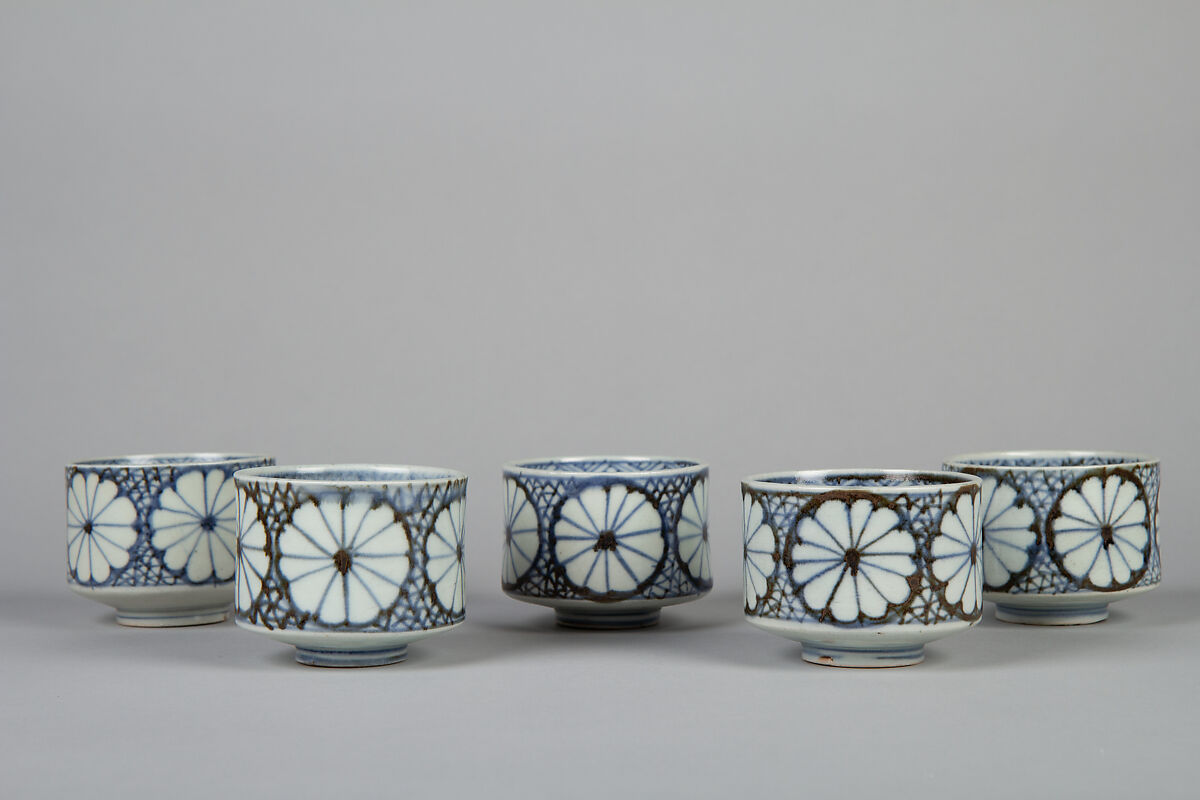 Set of Five Teacups (Yunomi-wan) with Chrysanthemum and Broken-Ice Pattern, Porcelain with cobalt blue under transparent glaze (Hizen ware, Arita type), Japan