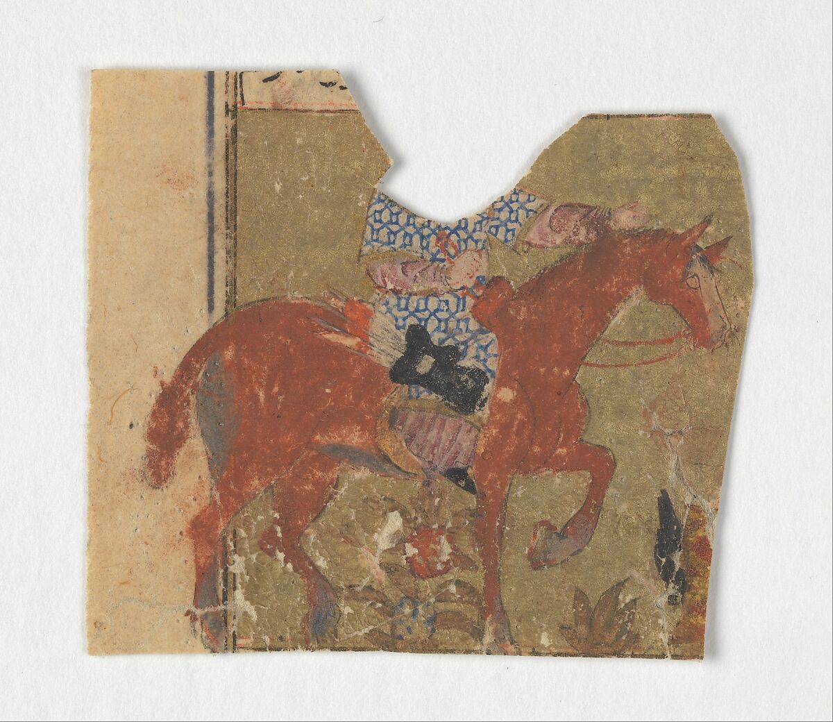 "Horseman and Fragment of Text", Folio from a Shahnama (Book of Kings), Abu&#39;l Qasim Firdausi (Iranian, Paj ca. 940/41–1020 Tus), Ink, opaque watercolor, and gold on paper 