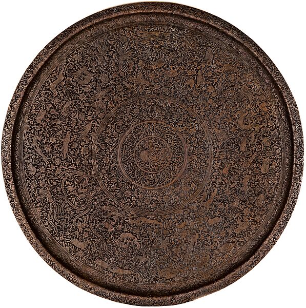 Circular Salver (Thali) with Animals and Birds Amid Animated Floral Arabesques, Copper; chased and engraved with traces of gilding 