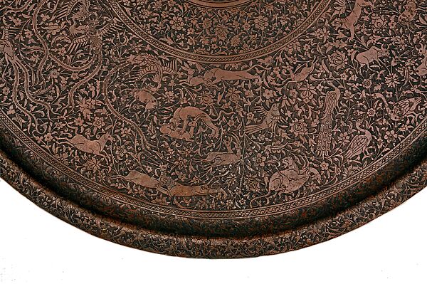 Circular Salver (Thali) with Animals and Birds Amid Animated Floral Arabesques, Copper; chased and engraved with traces of gilding