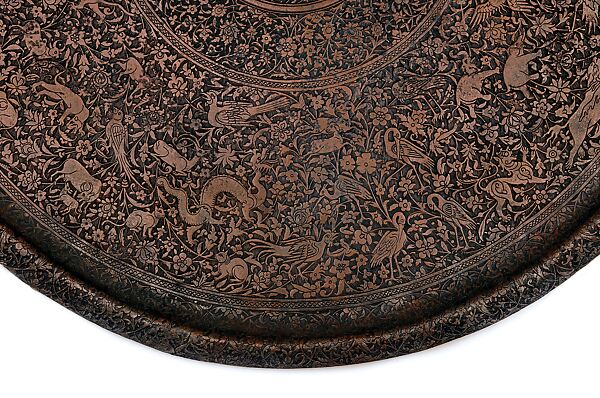 Circular Salver (Thali) with Animals and Birds Amid Animated Floral Arabesques, Copper; chased and engraved with traces of gilding