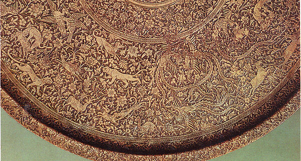 Circular Salver (Thali) with Animals and Birds Amid Animated Floral Arabesques, Copper; chased and engraved with traces of gilding