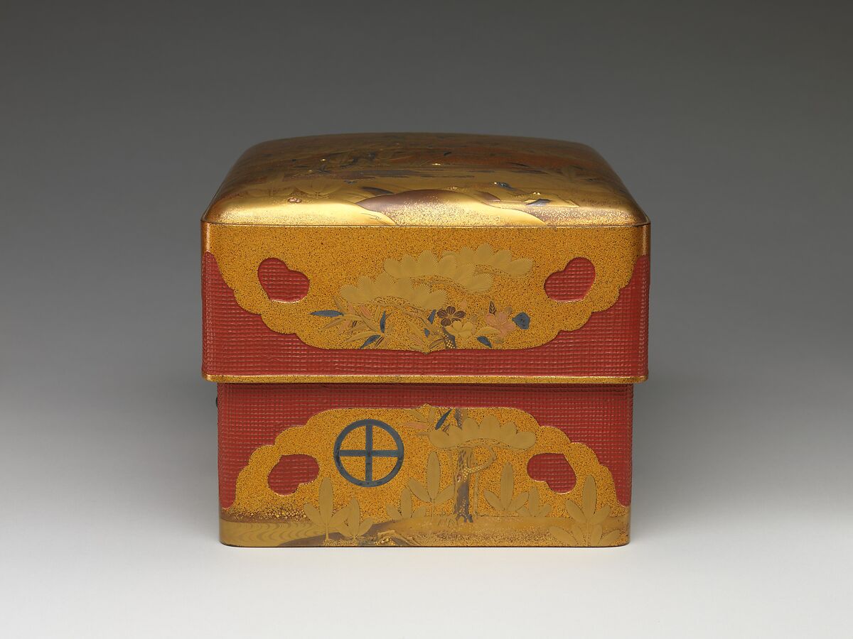 Box (Sumiaka tebako) with Design of Pine, Bamboo, and Plum, Gold maki-e on nashiji lacquer with basket, Japan