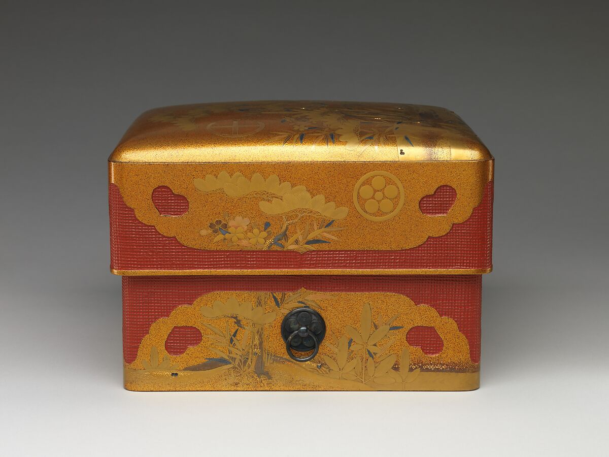 Box (Sumiaka tebako) with Design of Pine, Bamboo, and Plum, Gold maki-e on nashiji lacquer with basket, Japan
