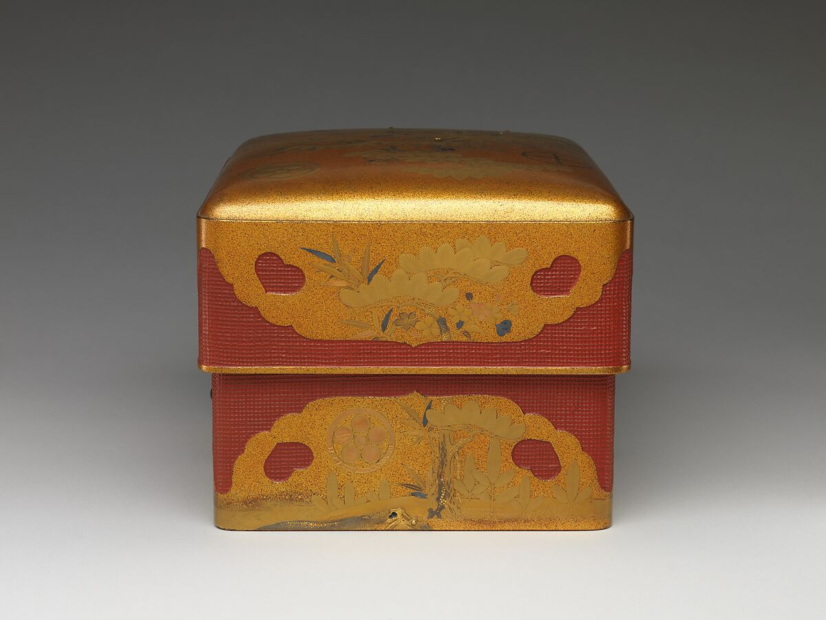 Box (Sumiaka tebako) with Design of Pine, Bamboo, and Plum, Gold maki-e on nashiji lacquer with basket, Japan