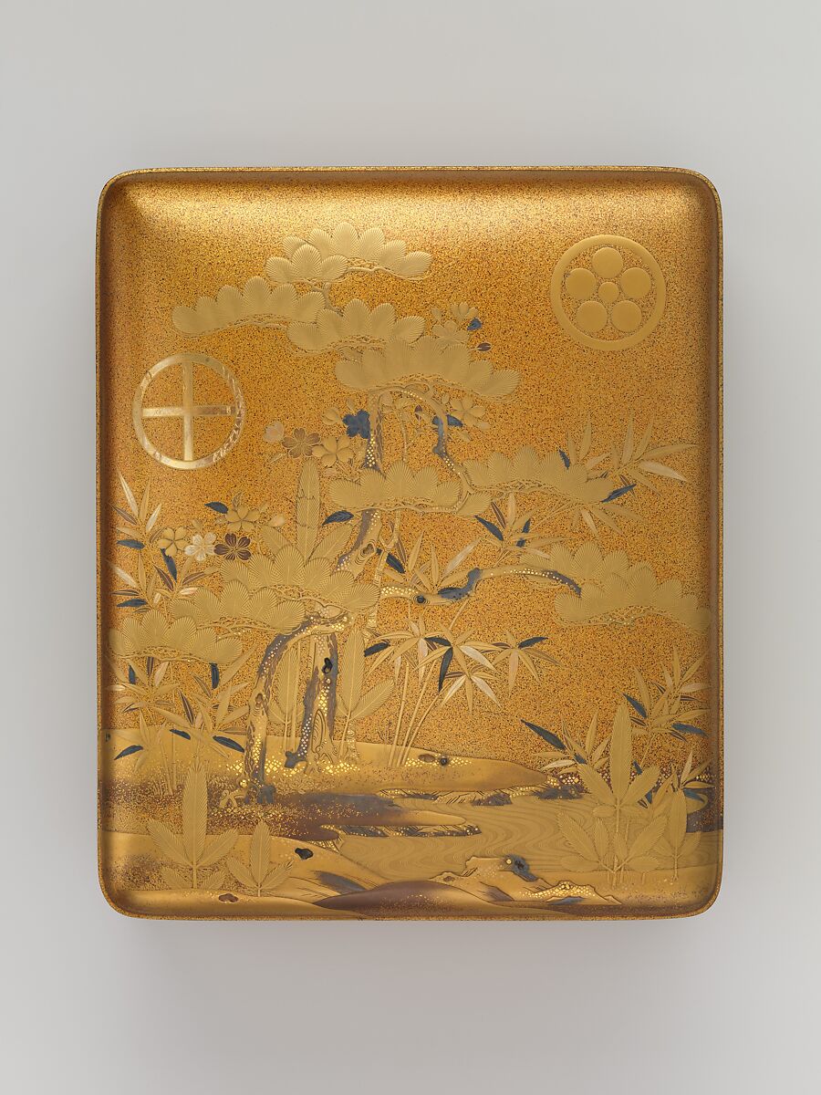 Box (Sumiaka tebako) with Design of Pine, Bamboo, and Plum, Gold maki-e on nashiji lacquer with basket, Japan