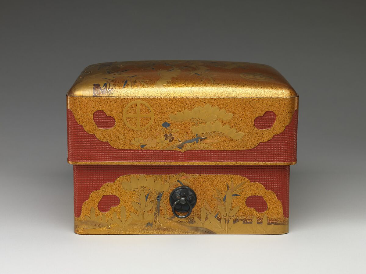 Box (Sumiaka tebako) with Design of Pine, Bamboo, and Plum, Gold maki-e on nashiji lacquer with basket, Japan