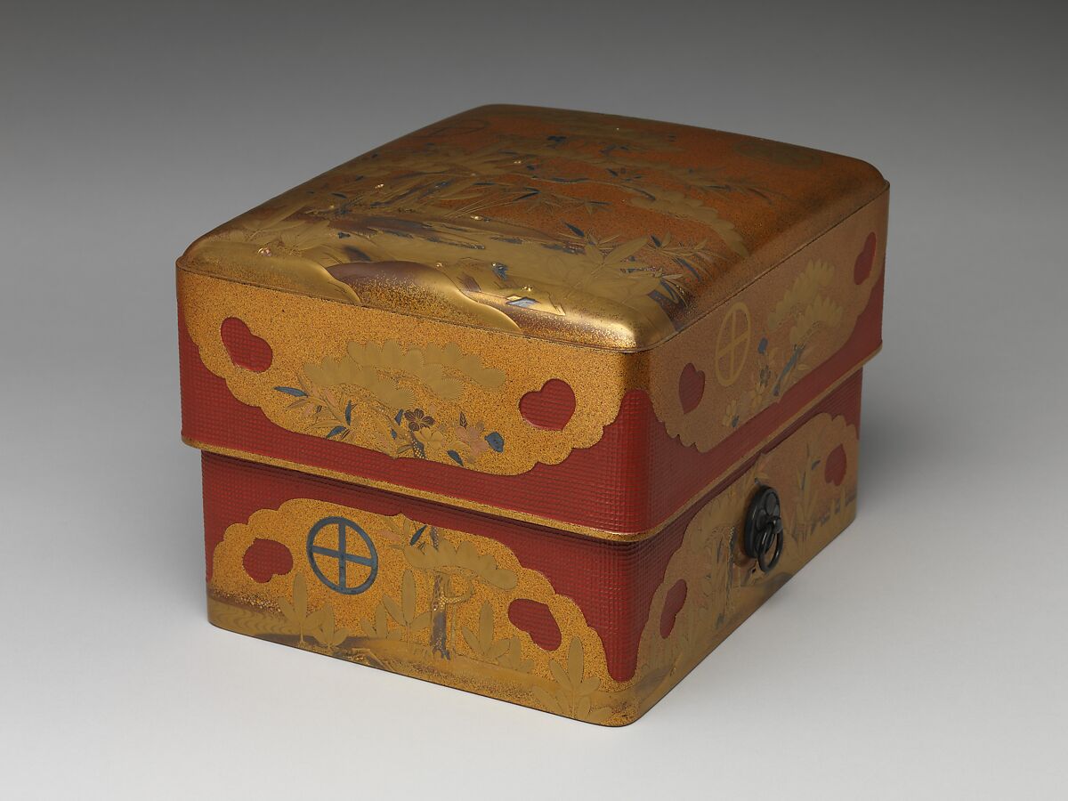 Box (Sumiaka tebako) with Design of Pine, Bamboo, and Plum, Gold maki-e on nashiji lacquer with basket, Japan 