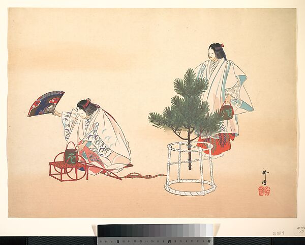Scene from the Noh play "Matsukaze", Tsukioka Kōgyo (Japanese, 1869–1927), Woodblock print; ink and color on paper, Japan 