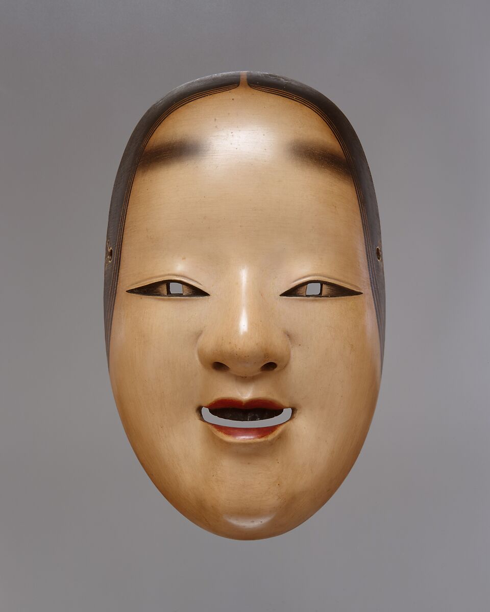 Ko-omote Noh Mask, Cypress wood with white, black, and red pigments, Japan
