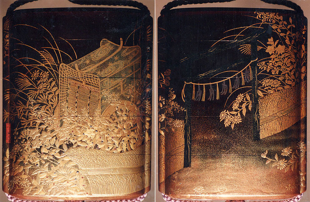 Case (Inrō) with Design of Nonomiya (Shrine in the Fields), from The Tale of Genji, chapter 10, Gold maki-e with black lacquer 
Ojime: bronze with openwork and inlay of water birds on stream 
Netsuke: carved red lacquer, Japan 