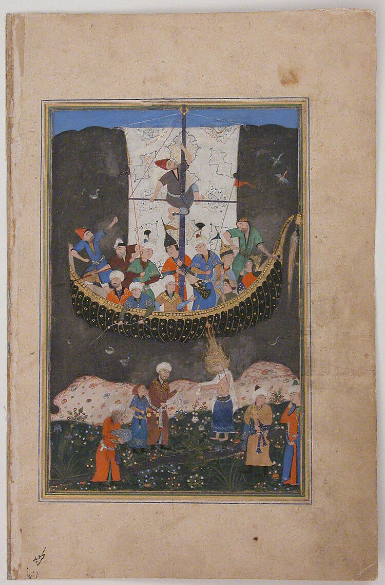 "Yusuf Arriving in Egypt and Leaving the Ship in the Nile", Folio of a Yusuf and Zulaykha of Jami, Maulana Nur al-Din `Abd al-Rahman Jami (Iranian, Jam 1414–92 Herat), Opaque watercolor, silver, and gold on paper 