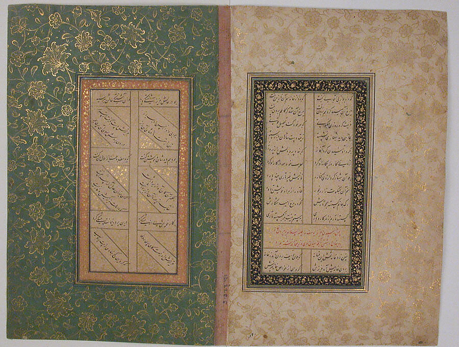 "Zulaikha Seizing the Skirt of Joseph's Robe", Folio of a Yusuf and Zulaykha of Jami, Maulana Nur al-Din `Abd al-Rahman Jami (Iranian, Jam 1414–92 Herat), Ink, opaque watercolor, and gold on paper