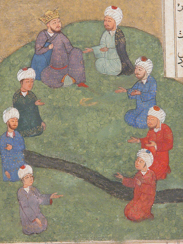 "Alexander and the Circle of Seven Sages", Folio from a Khamsa (Quintet) of Nizami of Ganja, Nizami (present-day Azerbaijan, Ganja 1141–1209 Ganja), Ink, opaque watercolor, and gold on paper