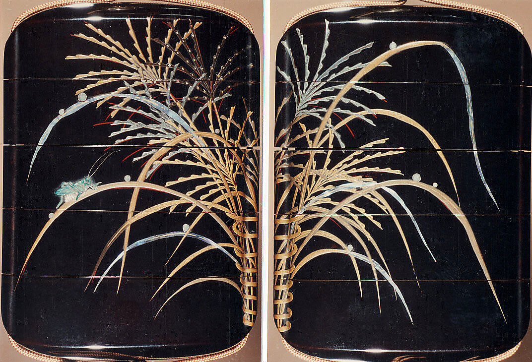 Case (Inrō) with Design of Dewdrops and Insects on Autumn Grasses in Basket, Yamada Jōkasai (1681–1704), Sprinkled gold lacquer with mother-of-pearl, stone, and metal
Ojime: ovoid gold bead decorated with grasses
Netuske: black wood carved as a piece of firewood, Japan 