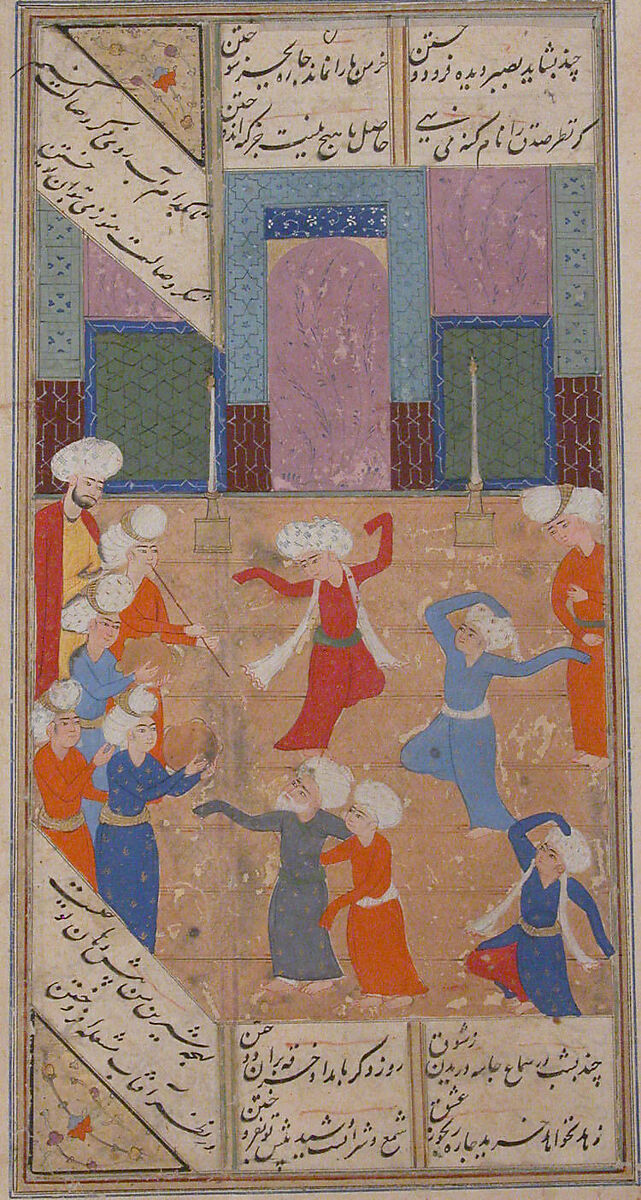 "A Scene of Dancing and Music", Folio from a Kulliyat (Complete Works) of Sa'di, Ink, opaque watercolor, and gold on paper