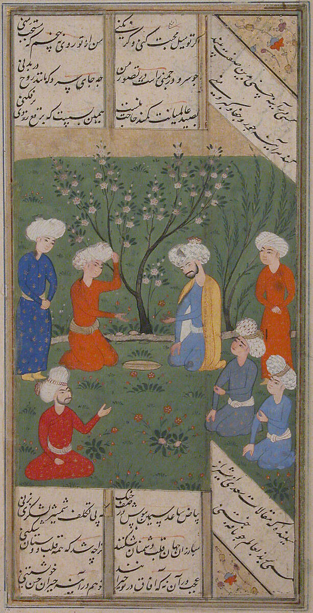 "A Garden Scene", Folio from a Kulliyat (Complete Works) of Sa'di, Ink, opaque watercolor, and gold on paper