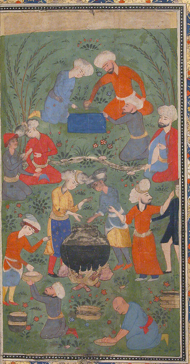 "Preparing a Noonday Meal on an Outing", Folio from a Kulliyat (Complete Works) of Sa'di, Ink, opaque watercolor, and gold on paper