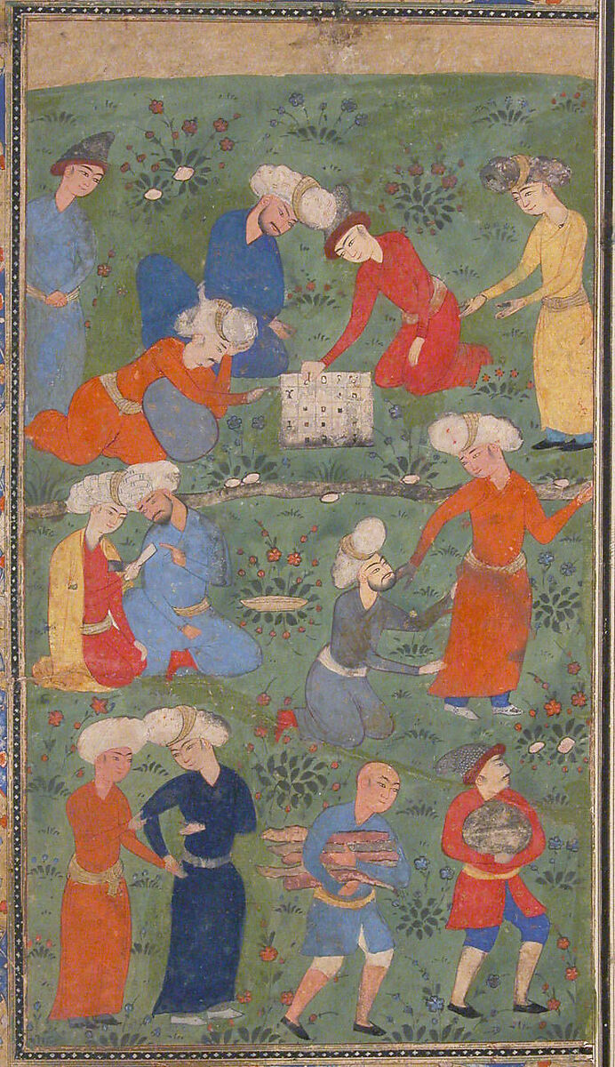 "Preparing a Noonday Meal on an Outing", Folio from a Kulliyat (Complete Works) of Sa'di, Ink, opaque watercolor, and gold on paper 