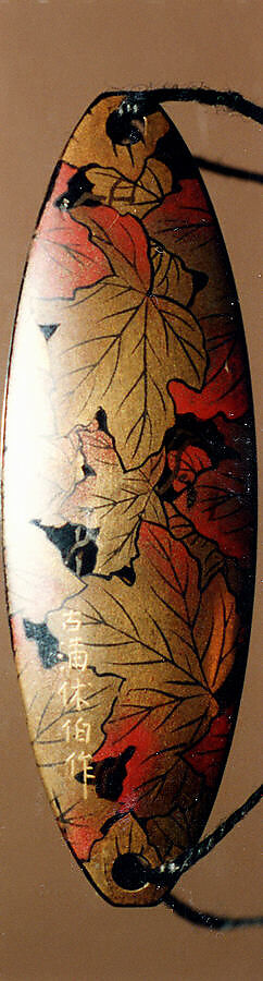 Inrō with Autumn Ivy, Attributed to Koma Kyūhaku VI (Japanese, died 1816), Four cases; lacquered wood with gold, silver, and color (iroko) togidashimaki-e on black lacquer ground
Netsuke: ivory; folded letter decorated with paulownia and Genji incense symbols 
Ojime: oblong bead; gilt bronze with openwork design of autumn flowers, Japan