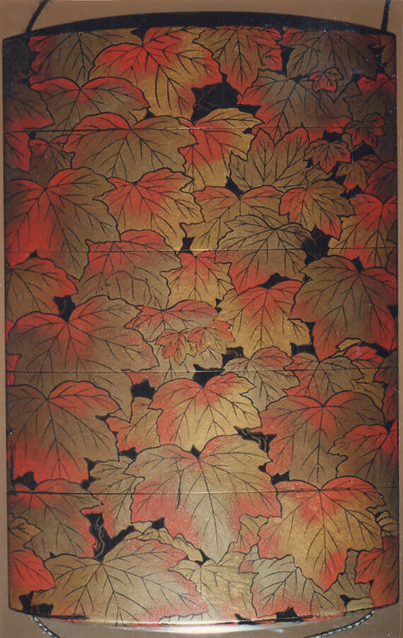 Inrō with Autumn Ivy, Attributed to Koma Kyūhaku VI (Japanese, died 1816), Four cases; lacquered wood with gold, silver, and color (iroko) togidashimaki-e on black lacquer ground
Netsuke: ivory; folded letter decorated with paulownia and Genji incense symbols 
Ojime: oblong bead; gilt bronze with openwork design of autumn flowers, Japan