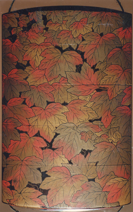 Inrō with Autumn Ivy, Attributed to Koma Kyūhaku VI (Japanese, died 1816), Four cases; lacquered wood with gold, silver, and color (iroko) togidashimaki-e on black lacquer ground
Netsuke: ivory; folded letter decorated with paulownia and Genji incense symbols 
Ojime: oblong bead; gilt bronze with openwork design of autumn flowers, Japan