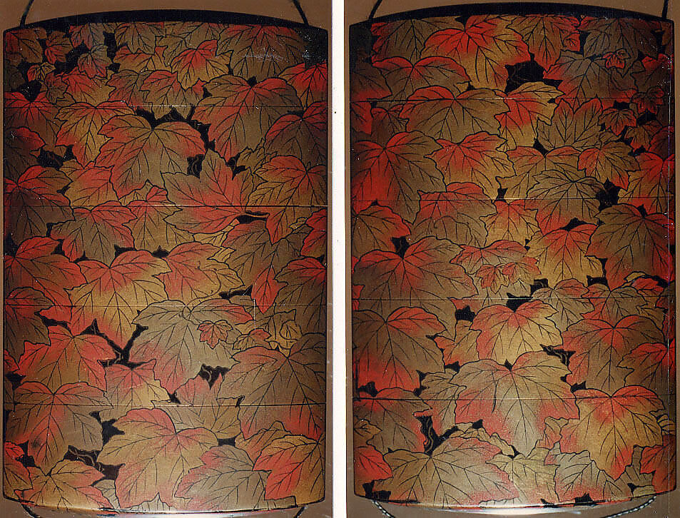 Inrō with Autumn Ivy, Attributed to Koma Kyūhaku VI (Japanese, died 1816), Four cases; lacquered wood with gold, silver, and color (iroko) togidashimaki-e on black lacquer ground
Netsuke: ivory; folded letter decorated with paulownia and Genji incense symbols 
Ojime: oblong bead; gilt bronze with openwork design of autumn flowers, Japan