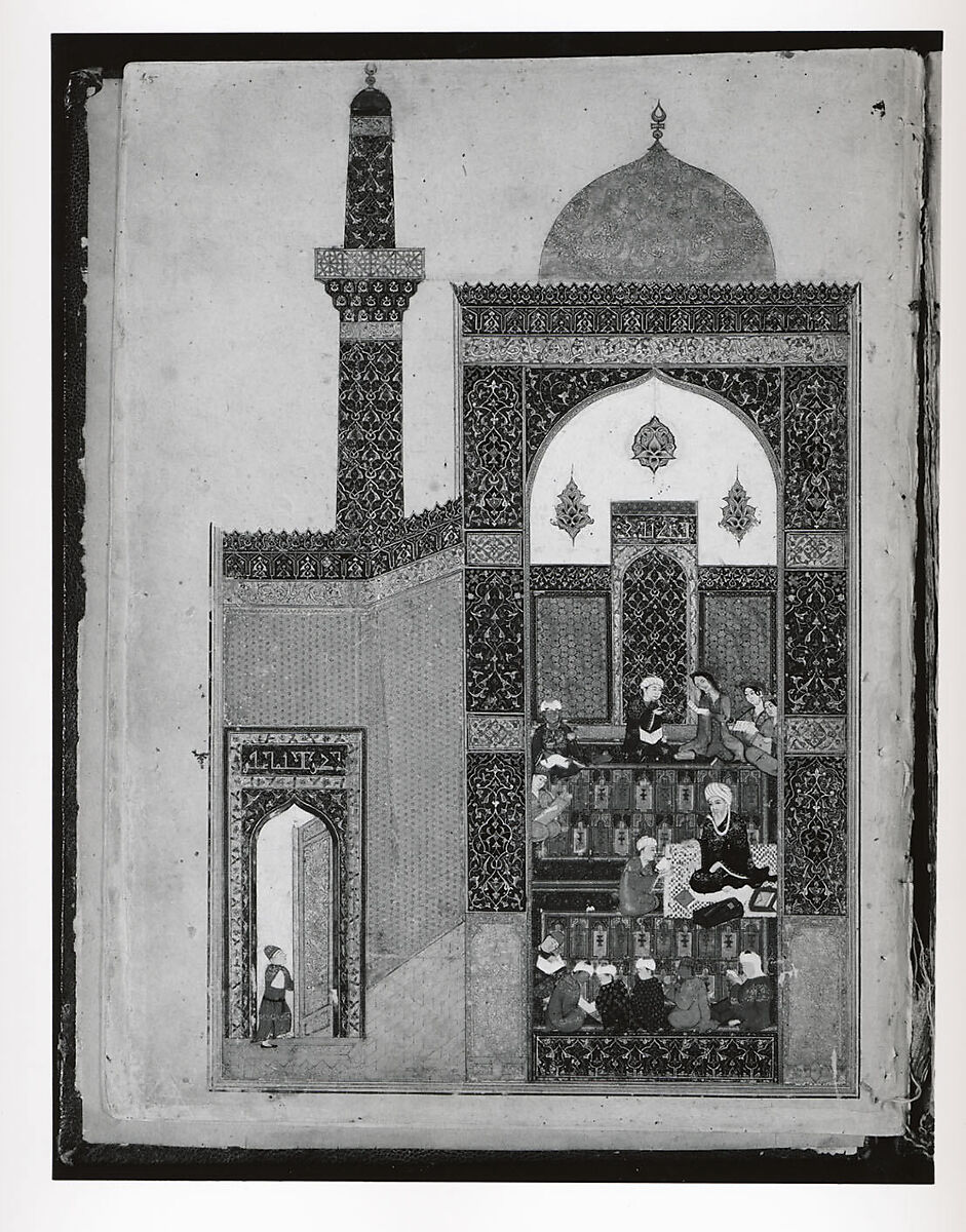 "Laila and Majnun at School", Folio from a Khamsa (Quintet) of Nizami of Ganja, Ja'far Baisunghuri (Iranian, active Herat, first half 15th century), Ink, opaque watercolor, and gold on paper