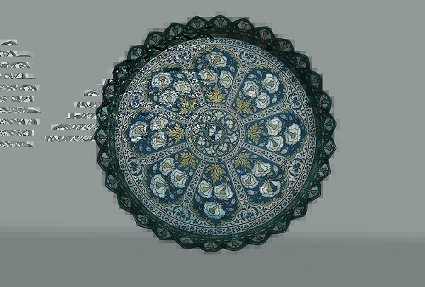 Bidri Tray with Flowering Plants in Arches Radiating from a Central Medallion, Zinc alloy inlaid with brass and silver 