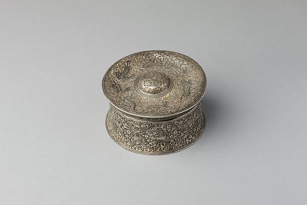 Silver Box with Animals in a Scrolling Vine, Chased and worked silver with niello-type inlay 