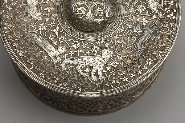 Silver Box with Animals in a Scrolling Vine, Chased and worked silver with niello-type inlay