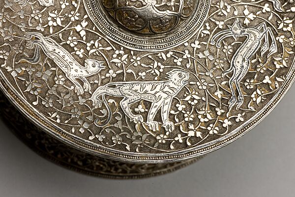 Silver Box with Animals in a Scrolling Vine, Chased and worked silver with niello-type inlay