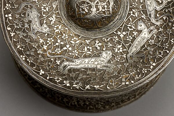 Silver Box with Animals in a Scrolling Vine, Chased and worked silver with niello-type inlay
