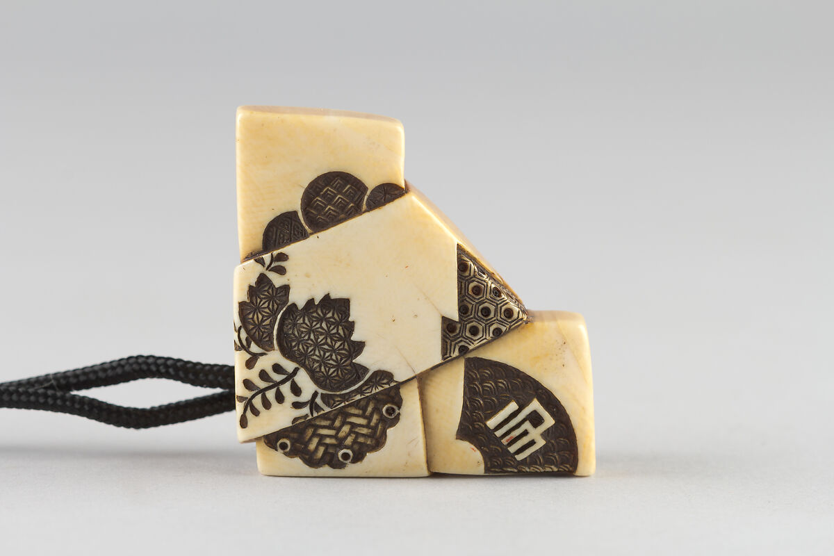 Netsuke Carved in Shape of Folded Letter on Paper Decorated with Court Motifs, Ivory, Japan 