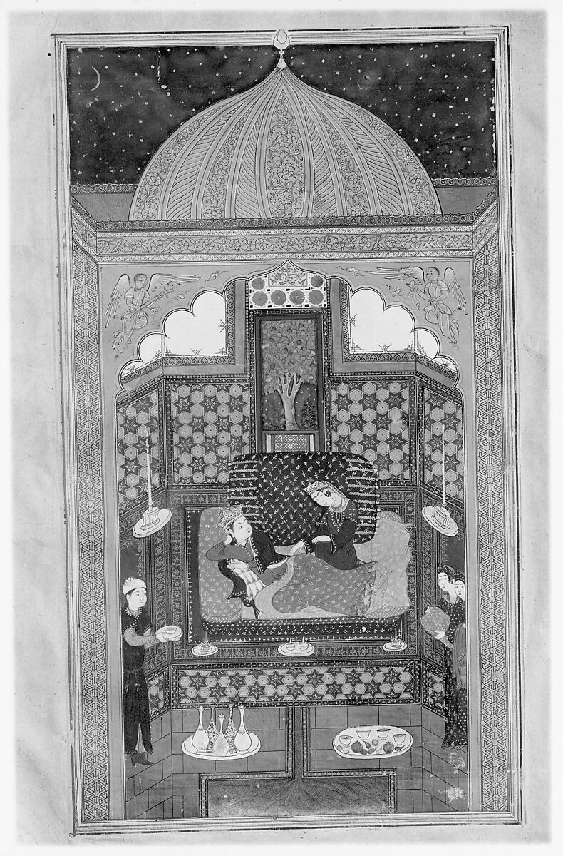 Haft Paikar (Seven Portraits) of the Khamsa (Quintet) of Nizami of Ganja, Nizami (present-day Azerbaijan, Ganja 1141–1209 Ganja), Ink, opaque watercolor, and gold on paper; lacquer binding